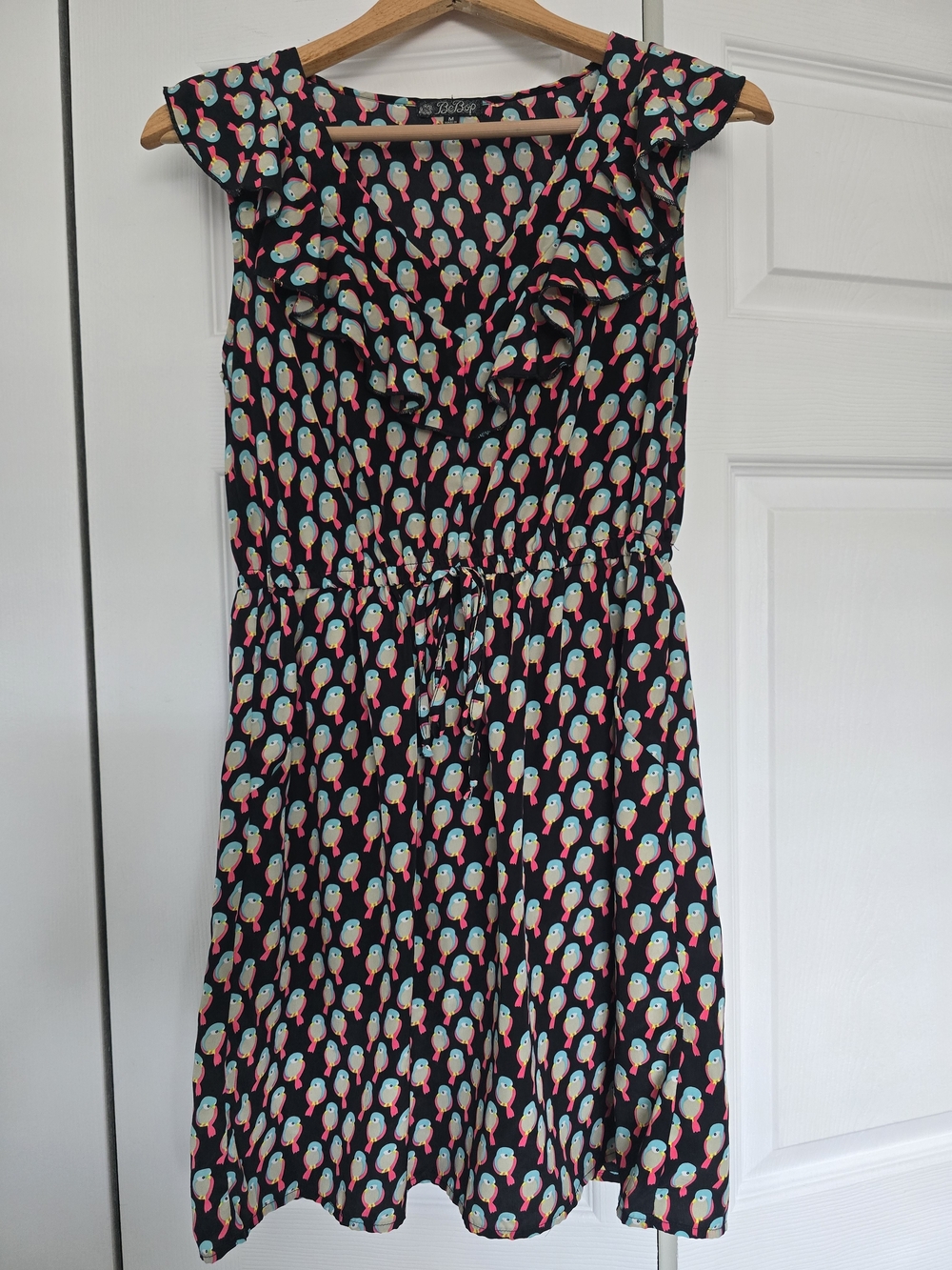 BeBop Black Mini Dress with Pink and Teal Bird Print